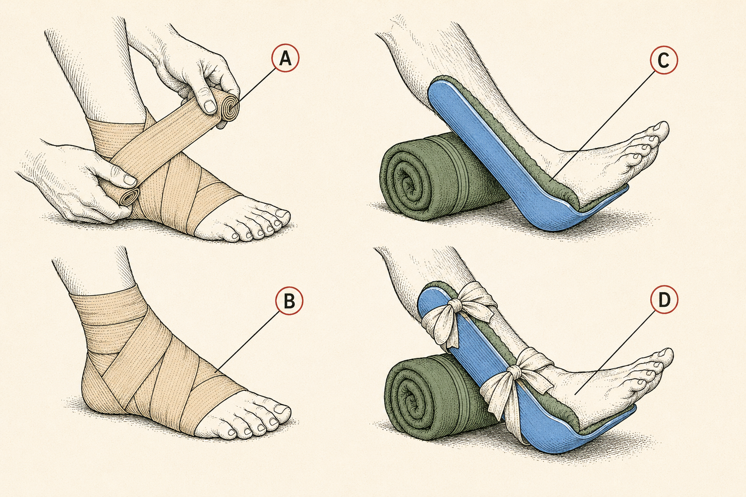 Field care for a lower-leg injury: elastic wrap applied in overlapping figure-eight turns around an intact ankle, and a moldable splint secured along the joint with padding.
