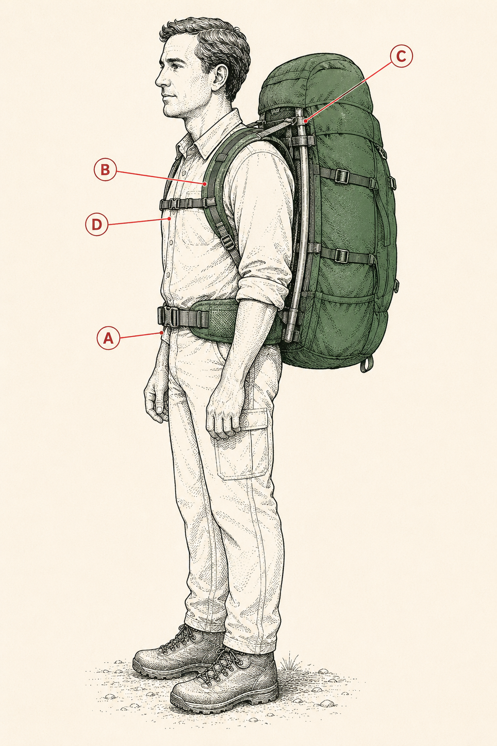 Diagram of a properly fitted backpack showing the hipbelt on the iliac crest, snug shoulder straps, and load lifters at 45 degrees.