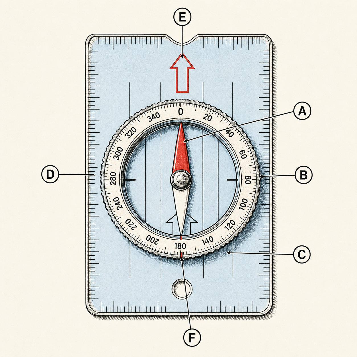 Baseplate compass anatomy: magnetic needle, rotating bezel, orienting arrow, orienting lines, direction-of-travel arrow, and index line.
