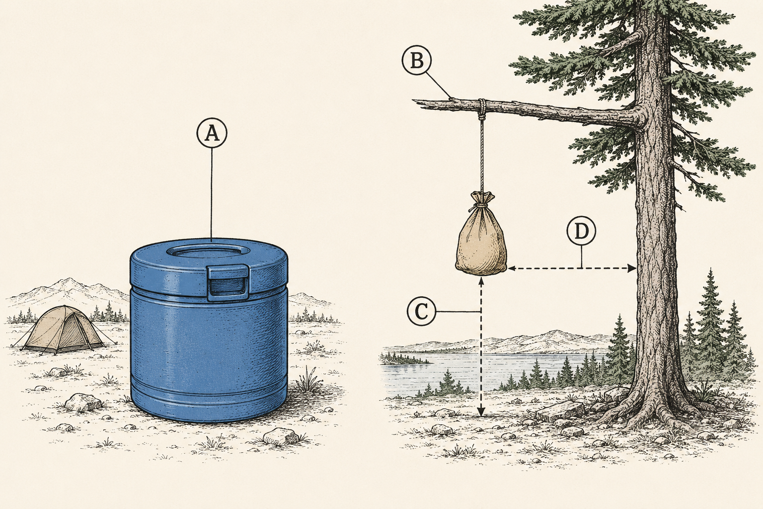 Bear-resistant food storage compared: a bear canister placed away from the tent, and a properly hung bear bag 12 feet up and 6 feet out from the trunk.