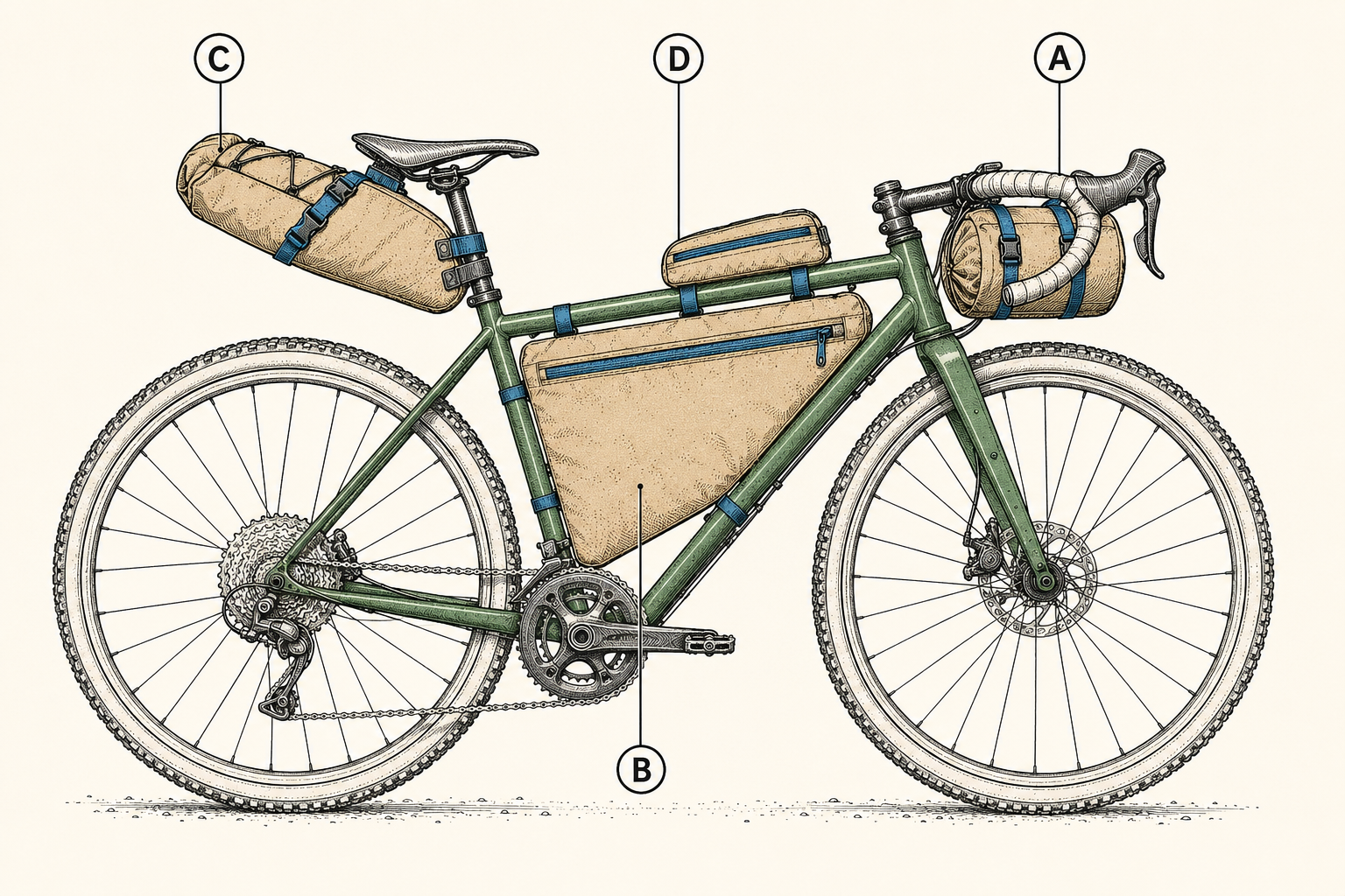 Bikepacking load map: handlebar roll with sleeping bag, frame bag with heavy items, seat pack with clothes, and top-tube bag for snacks and tools.