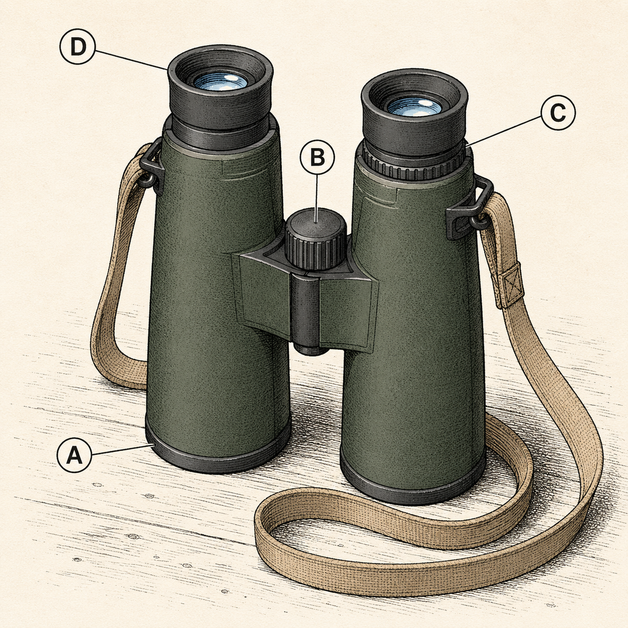 Binocular anatomy explained: magnification and objective lens numbers, center focus wheel, diopter adjustment, and folding eyecups.