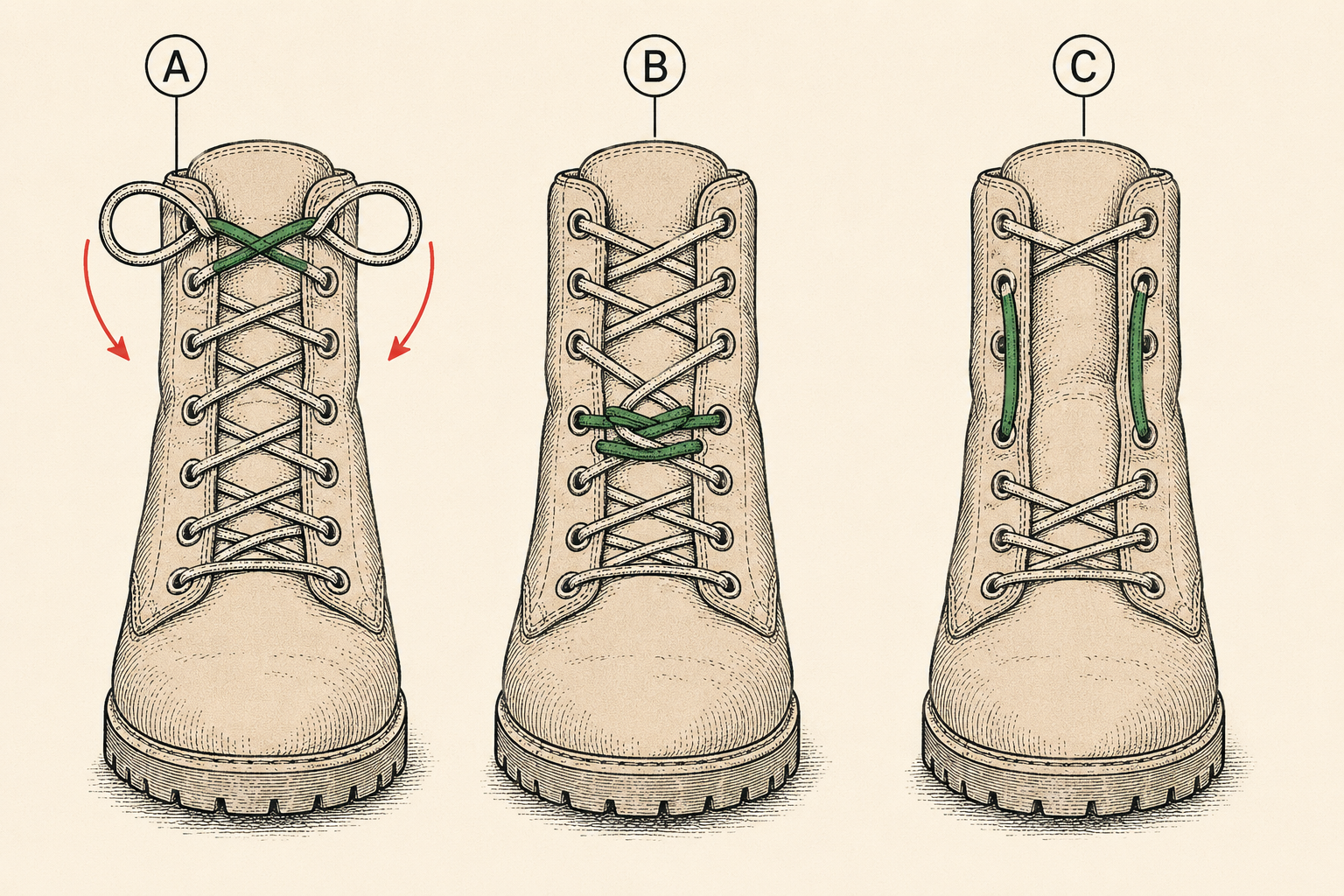 Three boot lacing techniques diagrammed: the heel-lock runner's loop, the surgeon's knot tension lock, and window lacing over a pressure point.