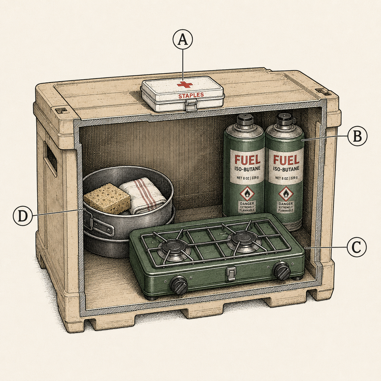 Cutaway diagram of a packed camp kitchen crate showing stove, fuel, cookware nesting, wash kit, and staples box placement.