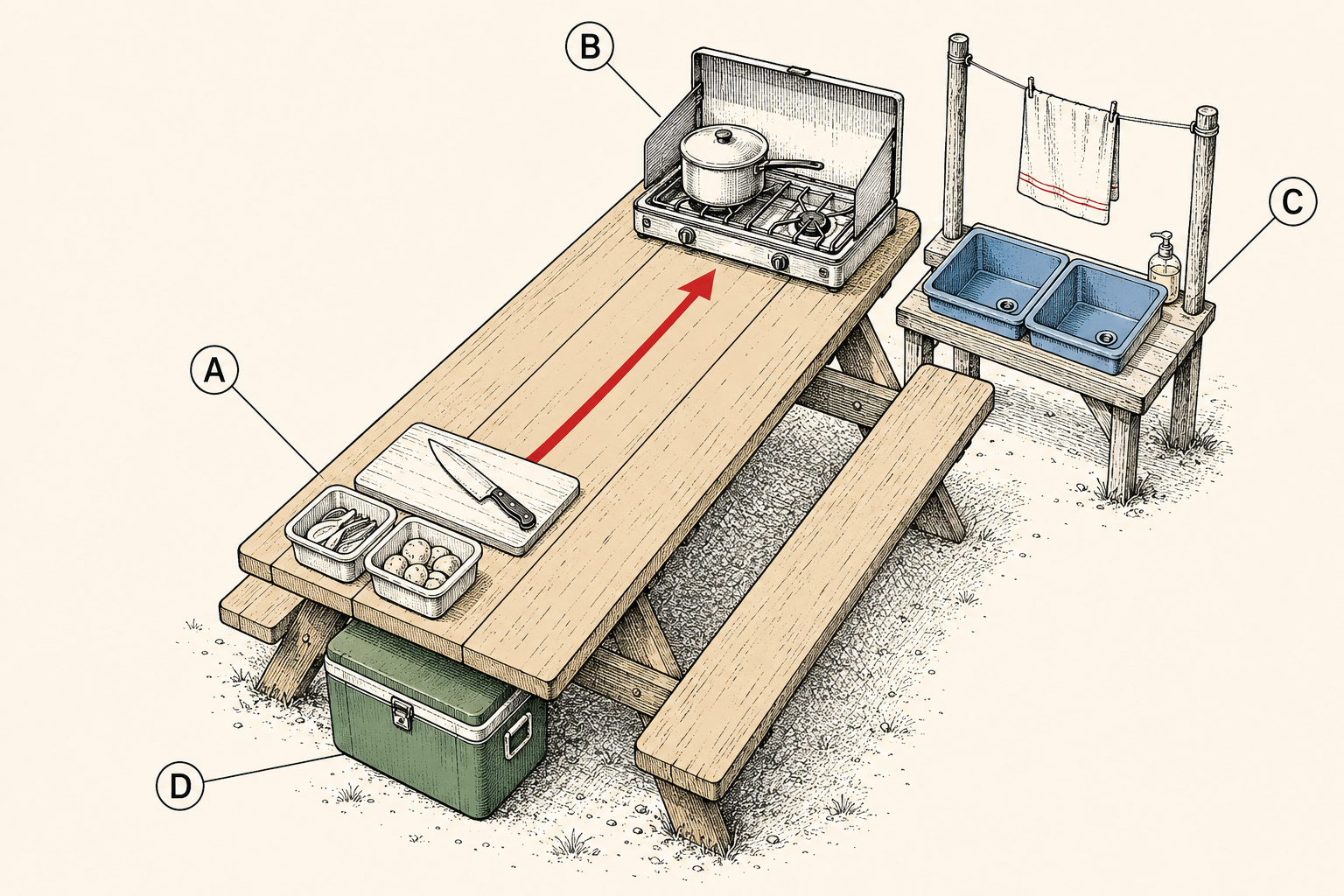 Camp kitchen setup diagram showing the three-station picnic table layout: prep station, cook station downwind, wash station off the corner, cooler shaded under the table.