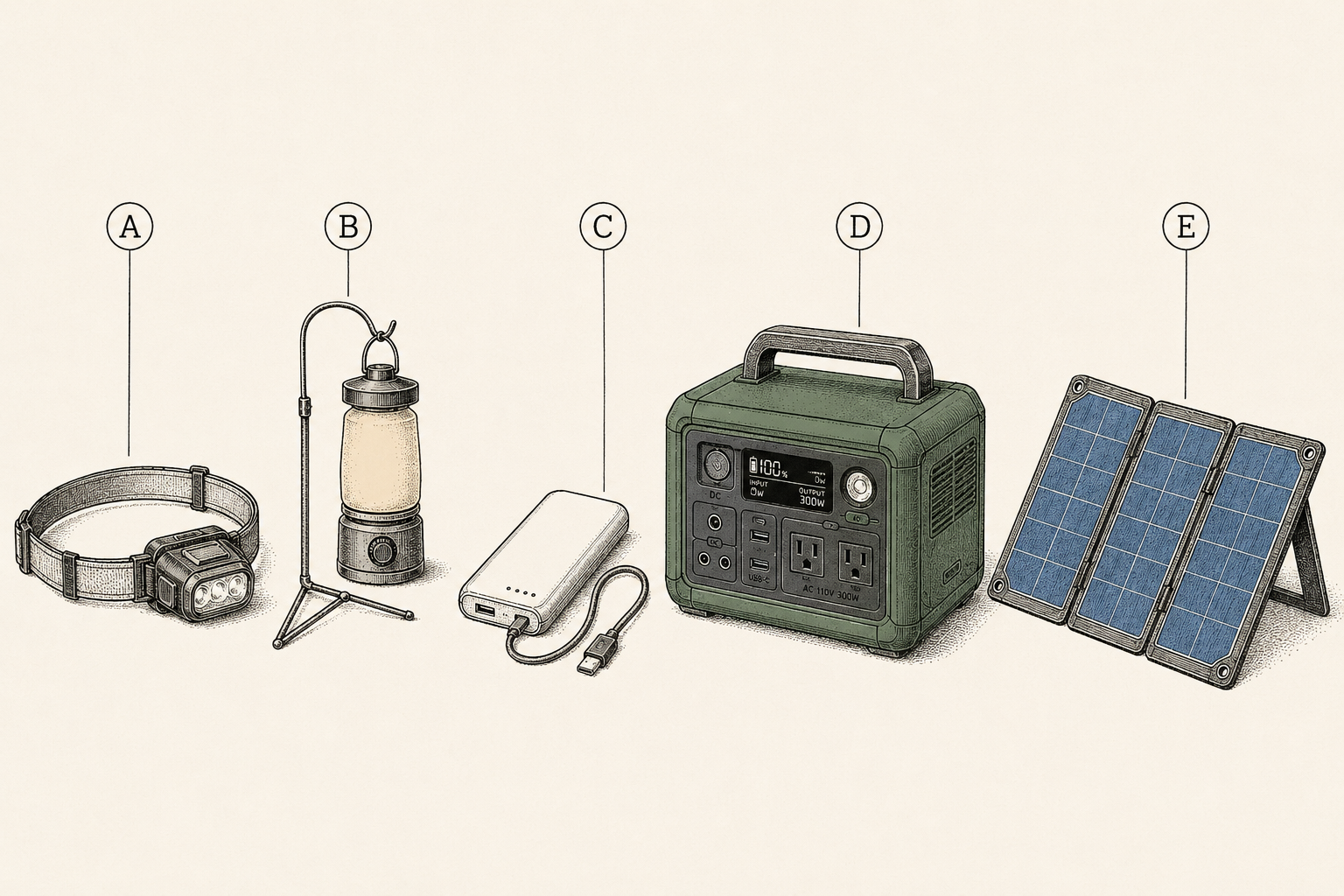 The camp power and light system compared: headlamp, diffused lantern, power bank, power station, and folding solar panel with their roles marked.