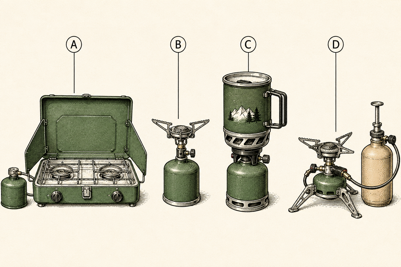 Comparison plate of the four camp stove types: two-burner propane, screw-top canister, integrated canister system, and liquid-fuel stove with pump bottle.