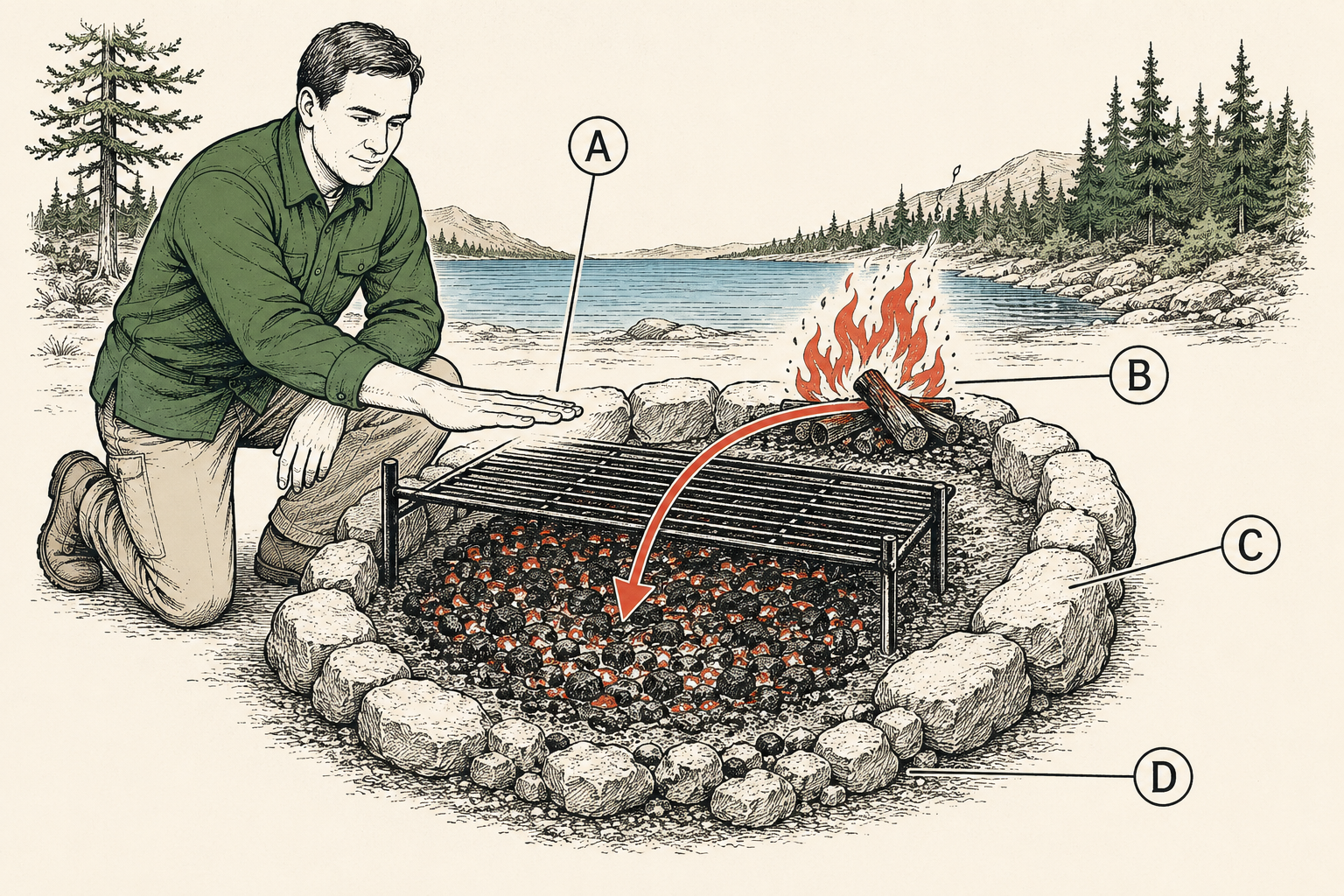 The campfire hand test for coal temperature: palm held at grate height over the coal bed, counting seconds, beside the two-zone fire layout.