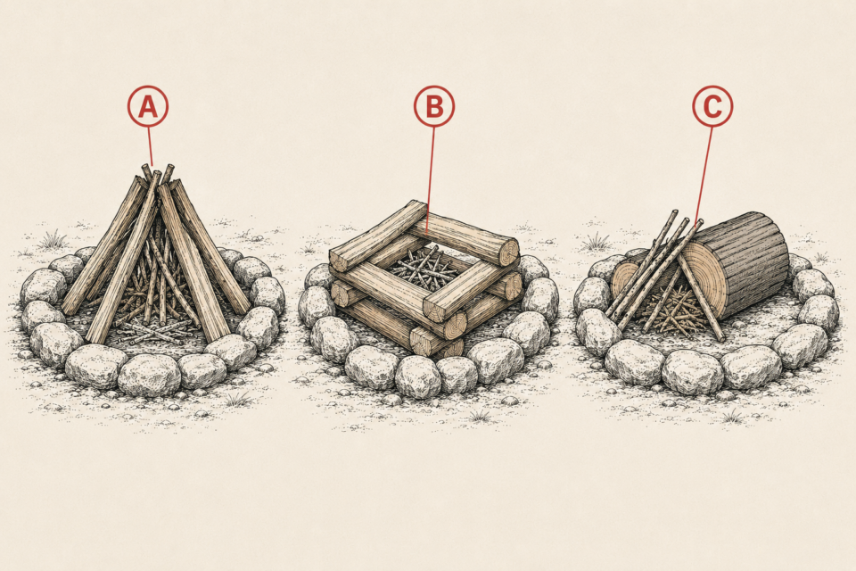 The three campfire lays diagrammed: teepee for starting, log cabin for cooking coals, and lean-to for wind and rain.