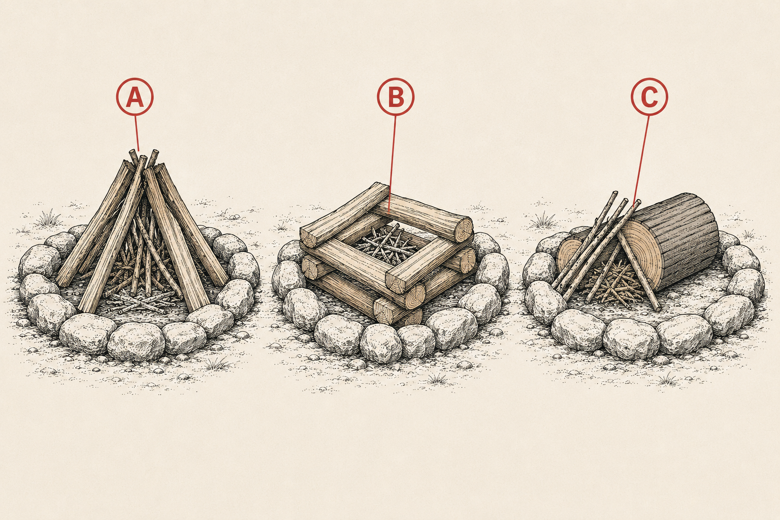 The three campfire lays diagrammed: teepee for starting, log cabin for cooking coals, and lean-to for wind and rain.