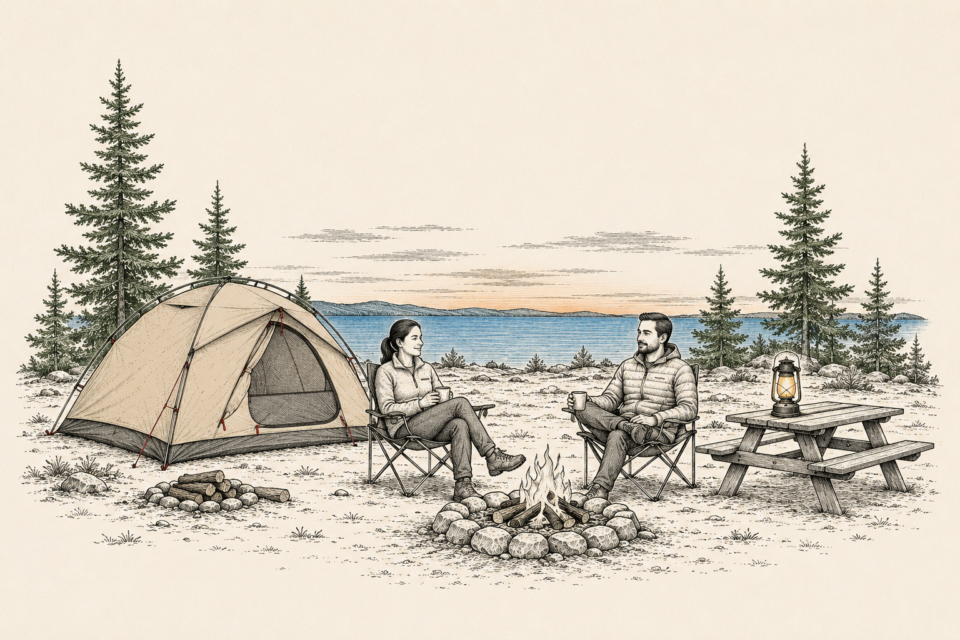 A settled campsite at dusk with a pitched tent, camp chairs, and a small campfire, the goal every chapter in this camping book builds toward.