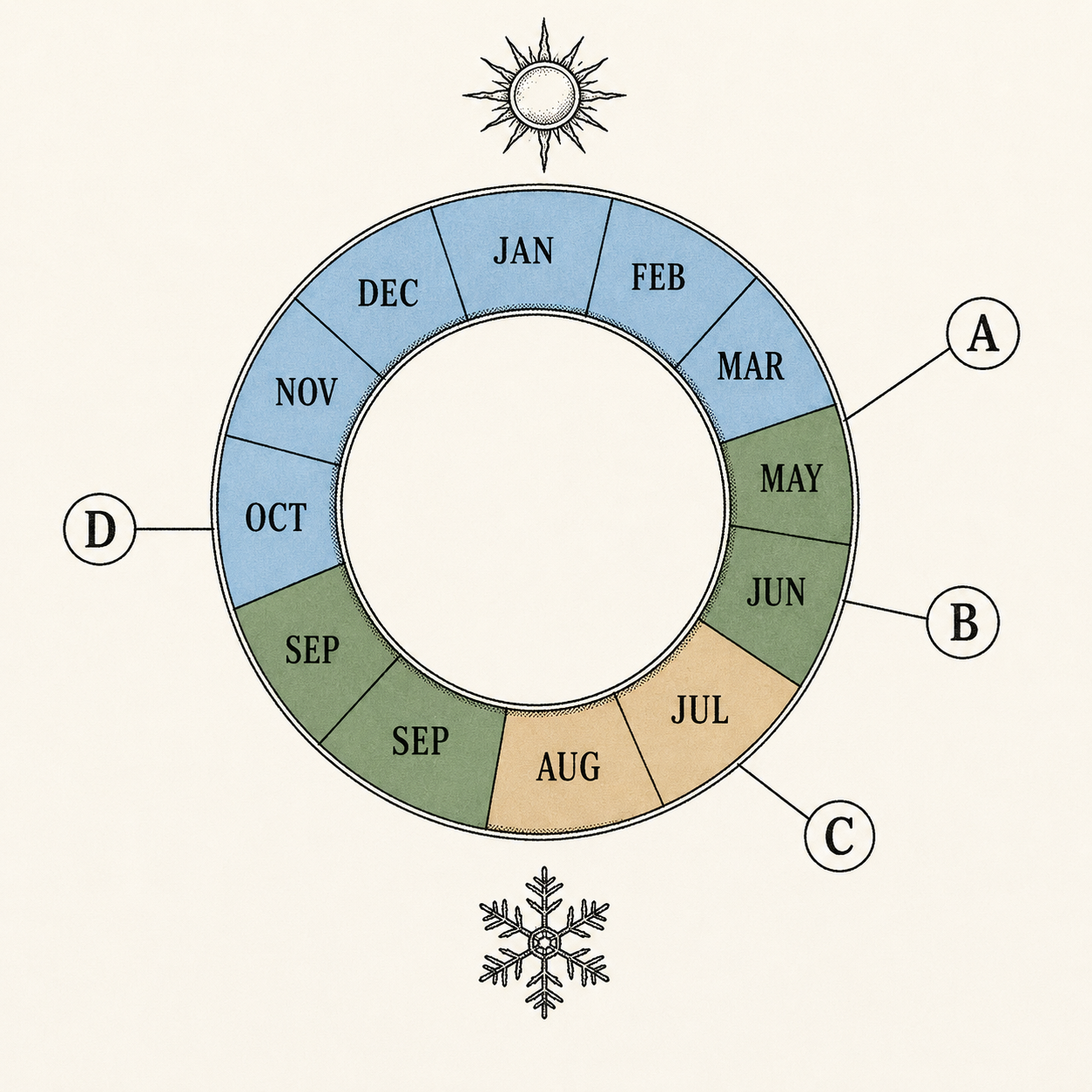 Circular camping season calendar showing the two shoulder-season sweet spots, peak summer crowds, bug season, and fire season.