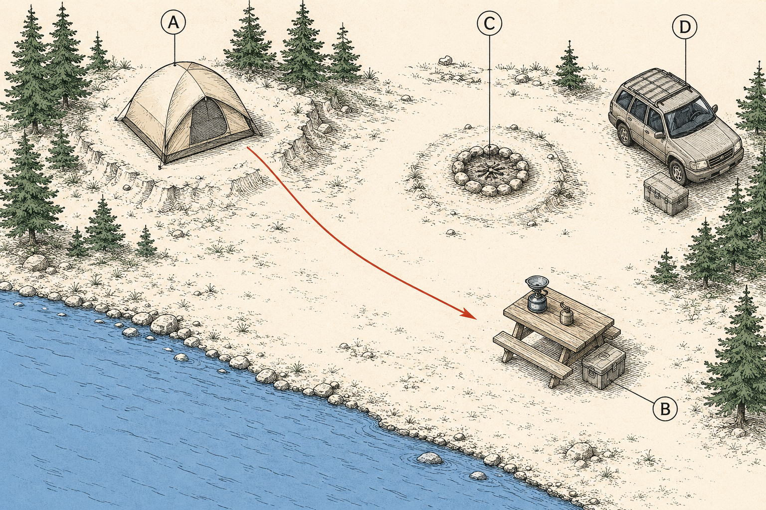 Aerial campsite layout diagram showing the tent upwind and uphill, kitchen downwind, fire ring separated, and food storage at the site's edge.