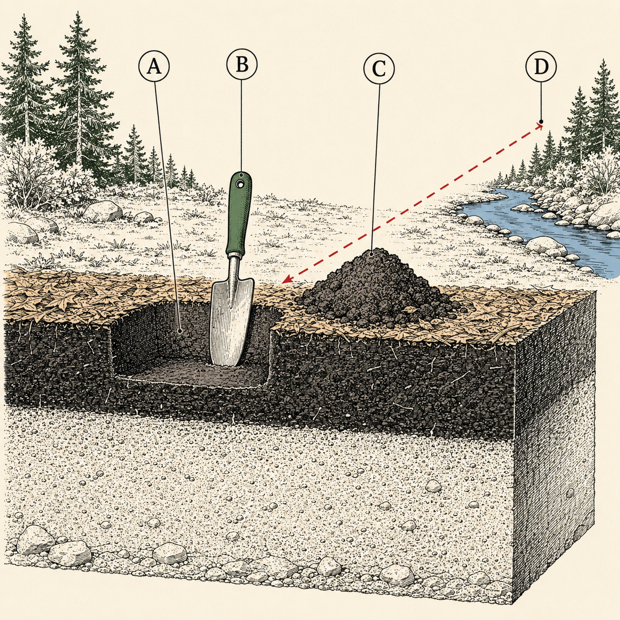 Cathole cutaway diagram showing correct depth in the dark biologically active soil layer, with the trowel as a depth gauge and the 200-foot distance rule.
