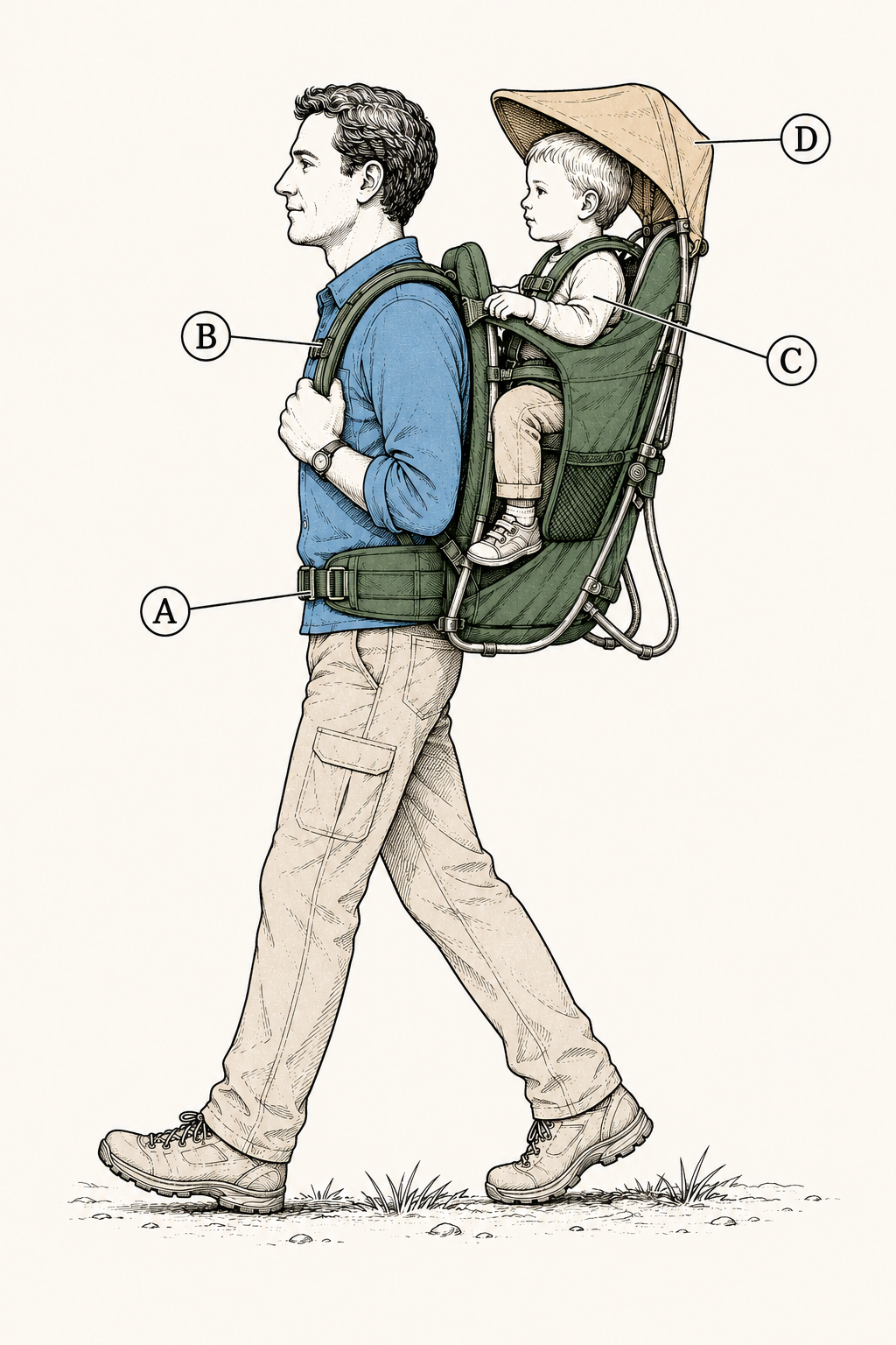 Child carrier fitted correctly: hipbelt carrying the load on the adult's hips, child seated low and centered with sun hood deployed.