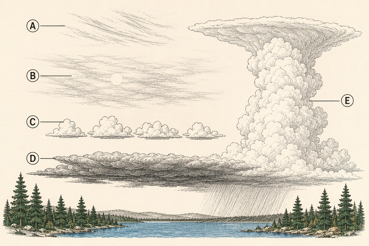 Cloud identification plate: cirrus wisps high, altostratus veil middle, cumulus heaps low, nimbostratus rain blanket, and a towering cumulonimbus with anvil top.