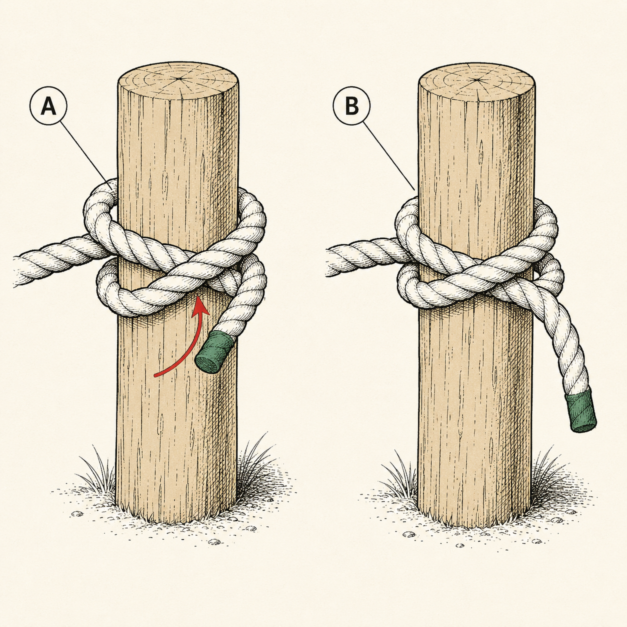 Clove hitch in two panels: two wraps around a post with the working end tucked under the second wrap, then the dressed hitch with parallel crossings.