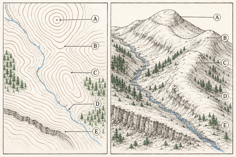 Topographic map contours translated to 3D terrain: peak, saddle, ridge, valley with stream, and cliff band shown in both views.
