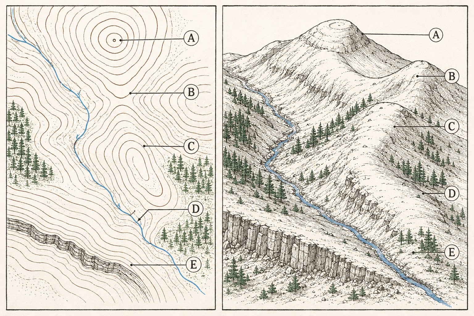 Topographic map contours translated to 3D terrain: peak, saddle, ridge, valley with stream, and cliff band shown in both views.