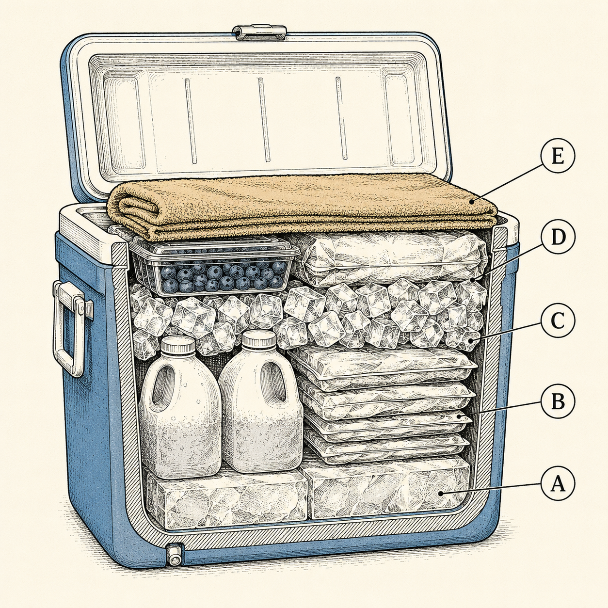 Cooler packing cutaway diagram showing block ice on the bottom, frozen food anchored low, cube ice filling gaps, fragile items on top, and a towel gap-filler under the lid.