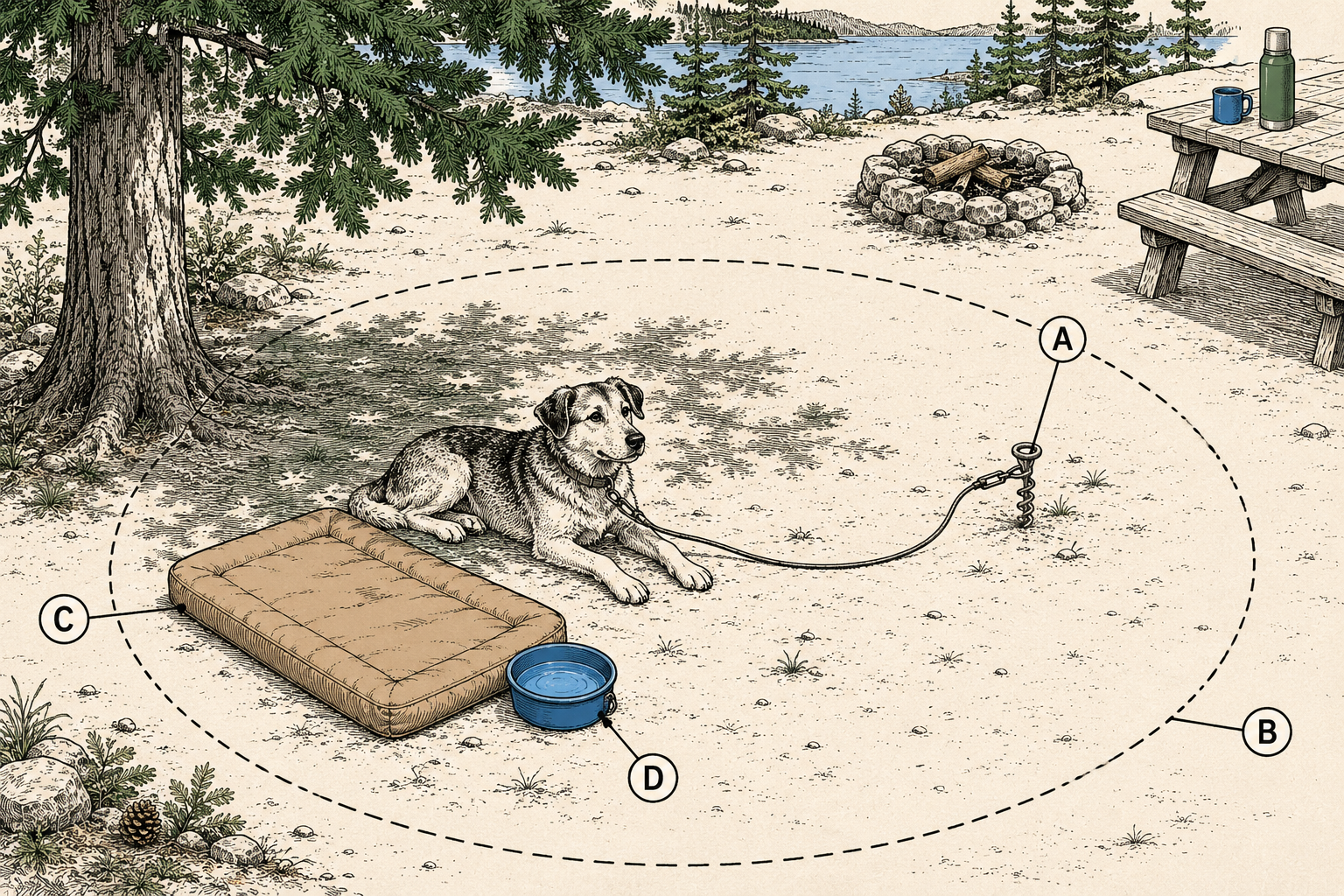 Dog camp setup: stake-out cable in shade with bed and water within reach, clear of the fire ring, kitchen, and guylines.