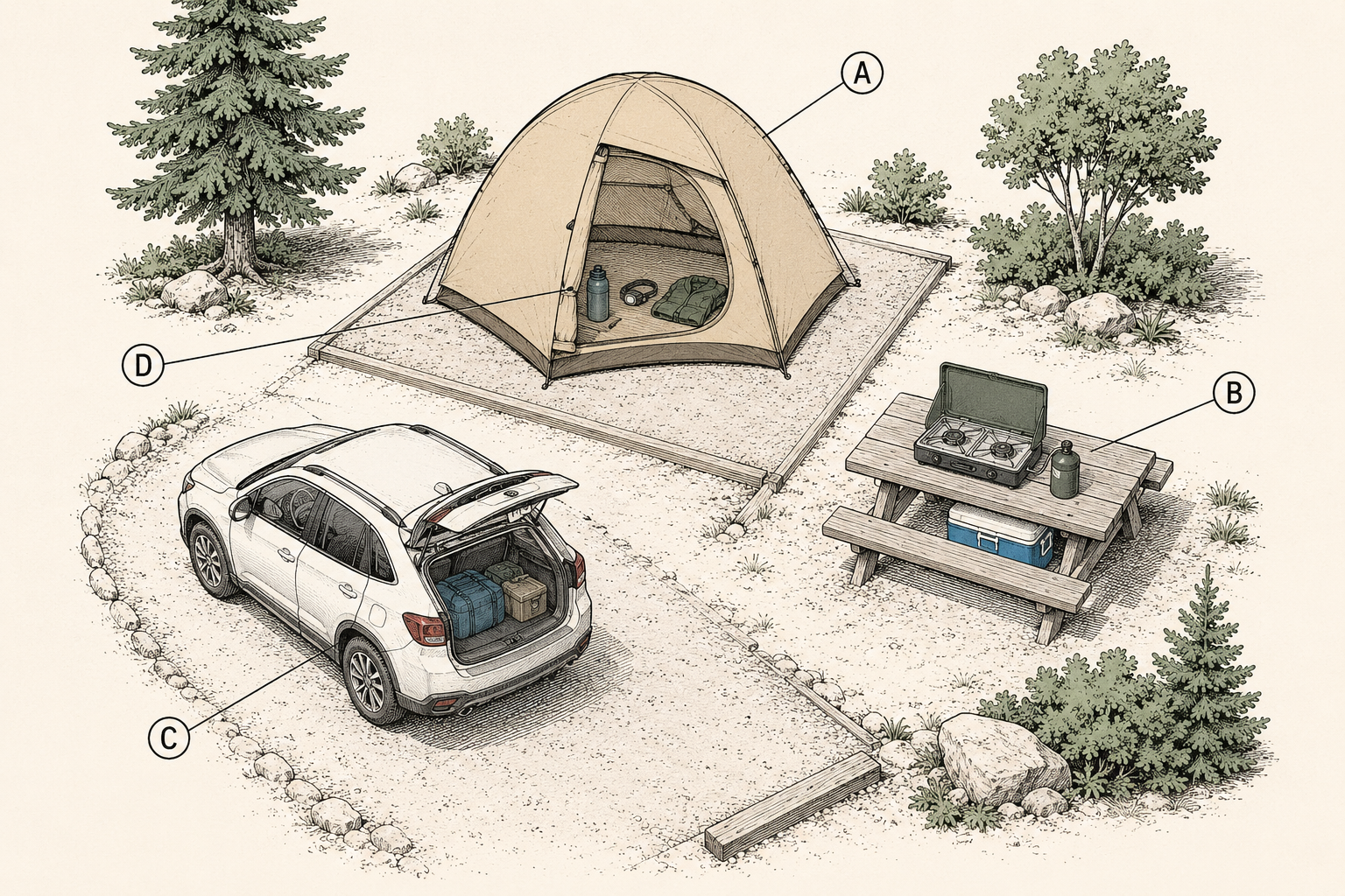 Diagram of the first-night camp setup order: shelter first, then kitchen, then food storage, then the staged night kit.