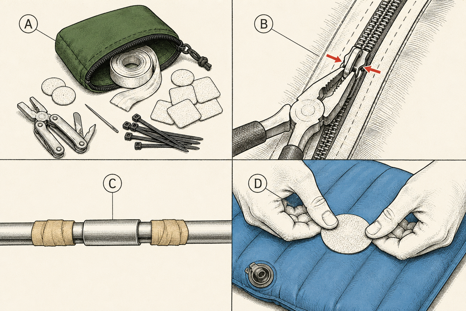 Field repair kit contents and the three signature fixes: crimping a zipper slider, splinting a tent pole with a sleeve, and patching a sleeping pad.