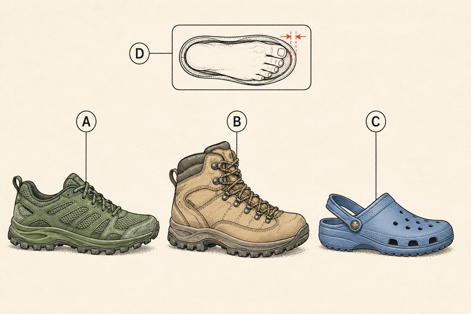 Comparison plate of hiking footwear: trail runner, midweight hiking boot, and camp shoe, with the fit checkpoints marked.