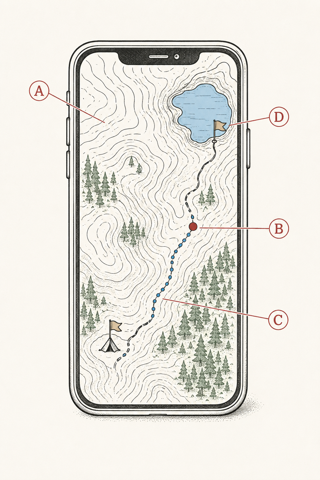 Phone mapping app diagrammed: downloaded offline topo layer, position dot, recorded breadcrumb track, and waypoints for camp and water.