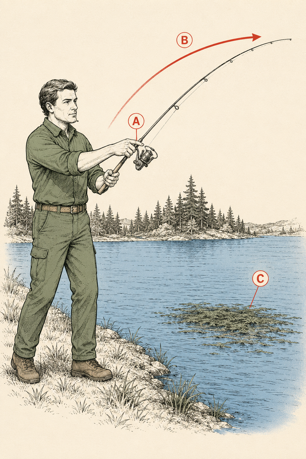 A beginner's spinning-rod cast at a lake edge: bail open, line pinned by fingertip, rod swept forward toward open water beside weed cover.