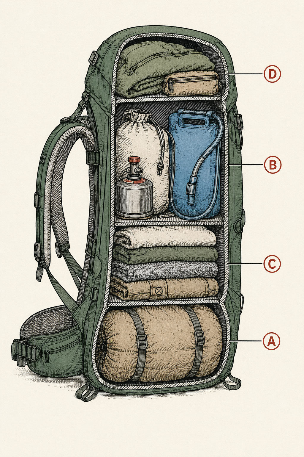 Cutaway diagram of a packed backpack showing the zone method: sleeping bag low, heavy items against the spine, frequently used gear on top.