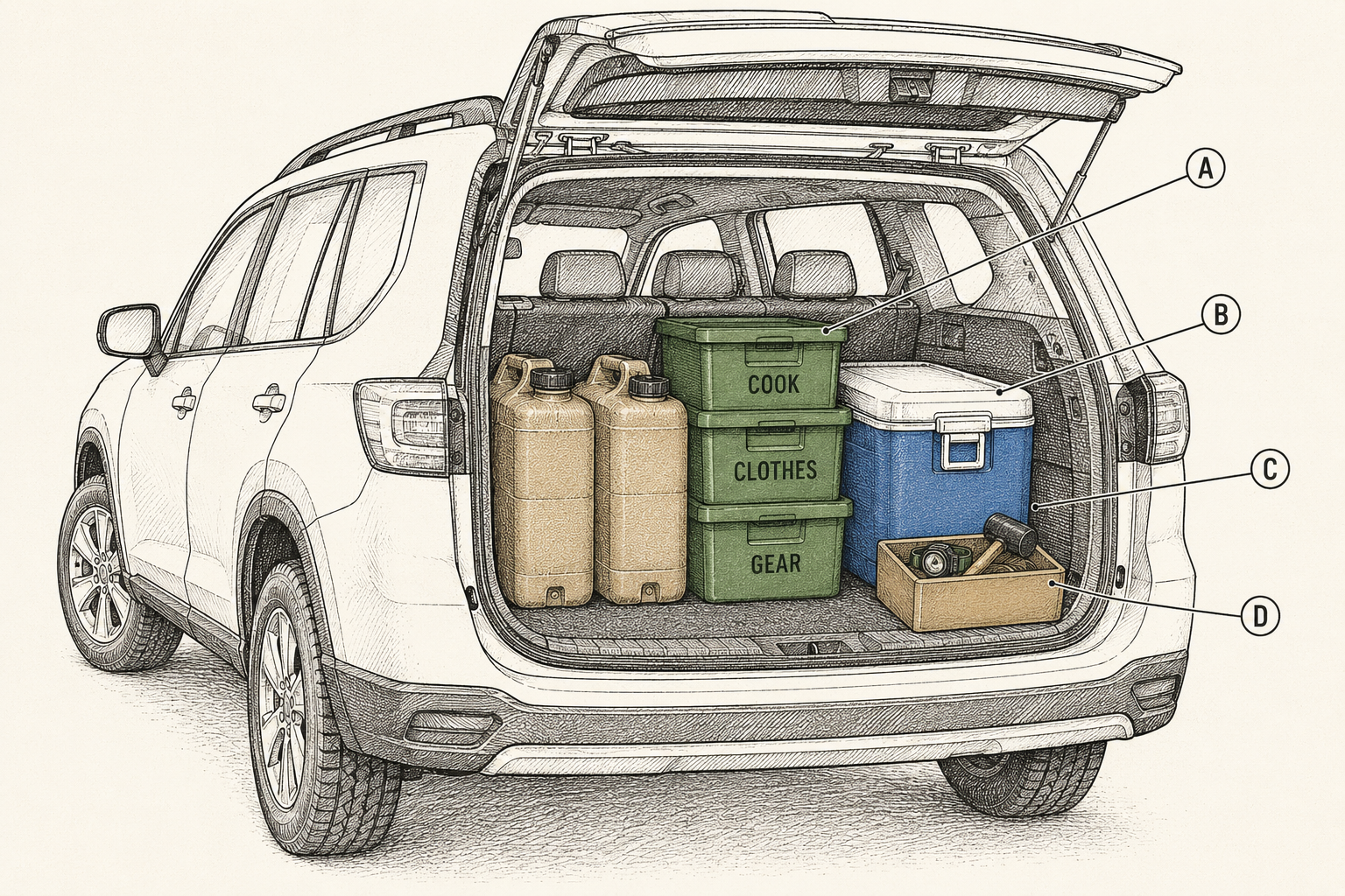 Car packing diagram in cutaway: heavy items low and forward, bins to the window line, cooler reachable, first-hour box at the tailgate.