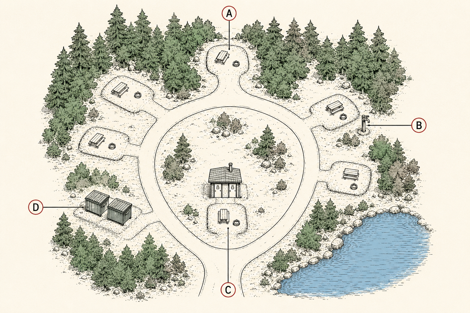 Campground loop map diagram showing what to check before booking a site: shade, spacing, water spigot, toilets, and dumpster placement.