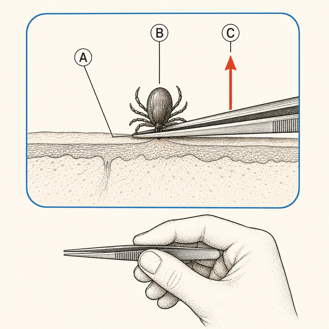 Tick removal diagram: fine-tipped tweezers gripping a tick at skin level and pulling straight up with steady pressure, shown in a clinical magnified inset.