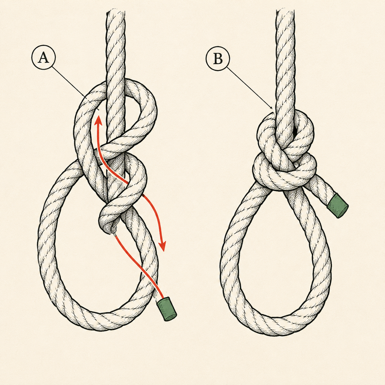 Bowline knot in two panels: the working end's path up through the loop, behind the standing part, and back down; then the dressed, finished loop.