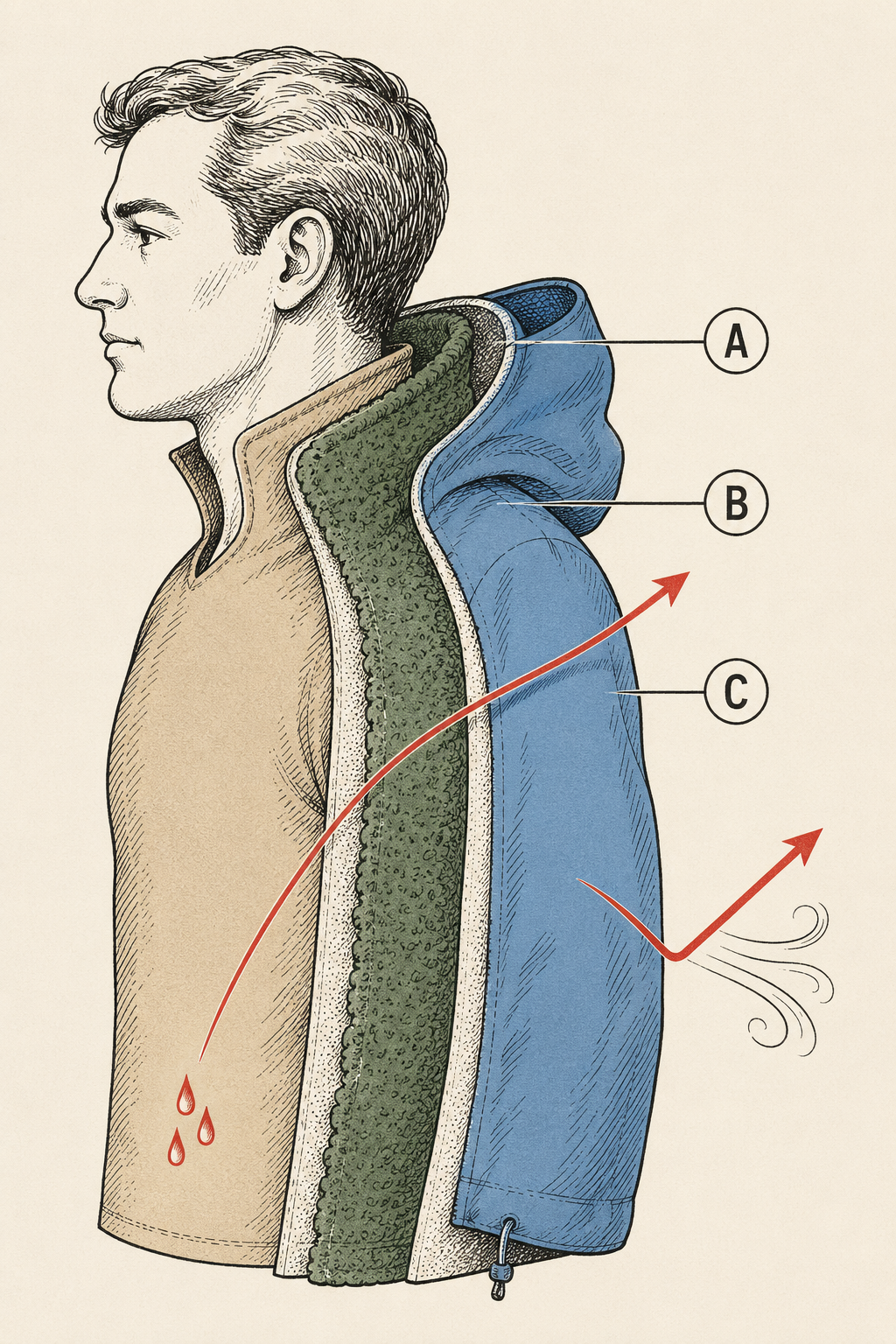 The three-layer clothing system in cross-section: wicking base layer against skin, insulating mid-layer trapping warm air, and shell blocking wind and rain.