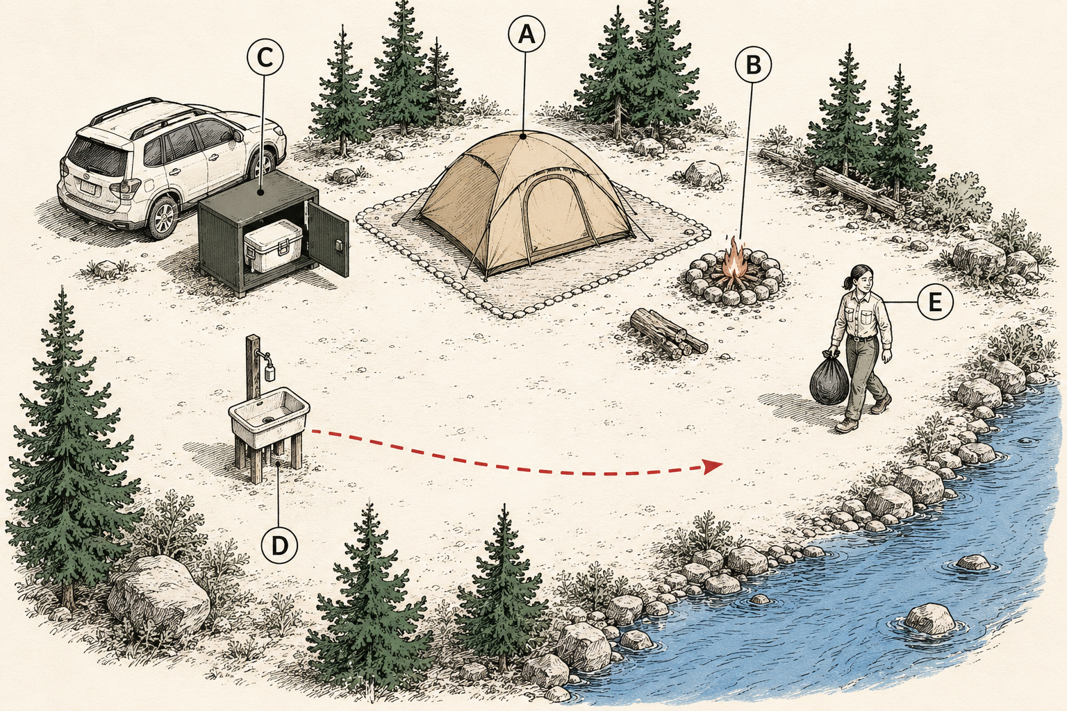 A Leave No Trace camp diagrammed: tent on the durable established pad, fire in the existing ring, food stored away, wash water broadcast 200 feet from the creek, and the site sweep underway.