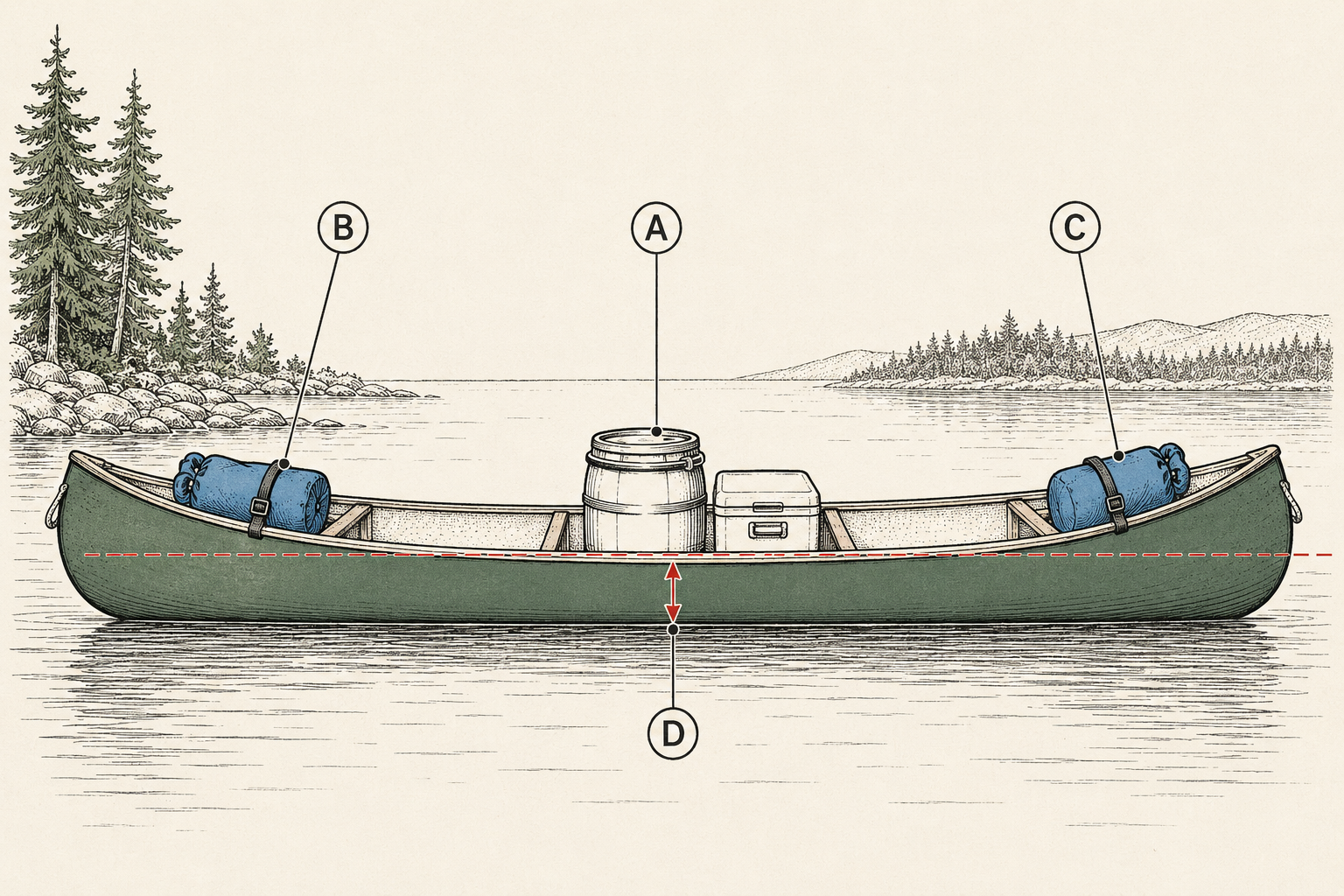 Canoe loading diagram: heavy gear low and centered, dry bags secured to thwarts, level trim, and a hand's width of freeboard.