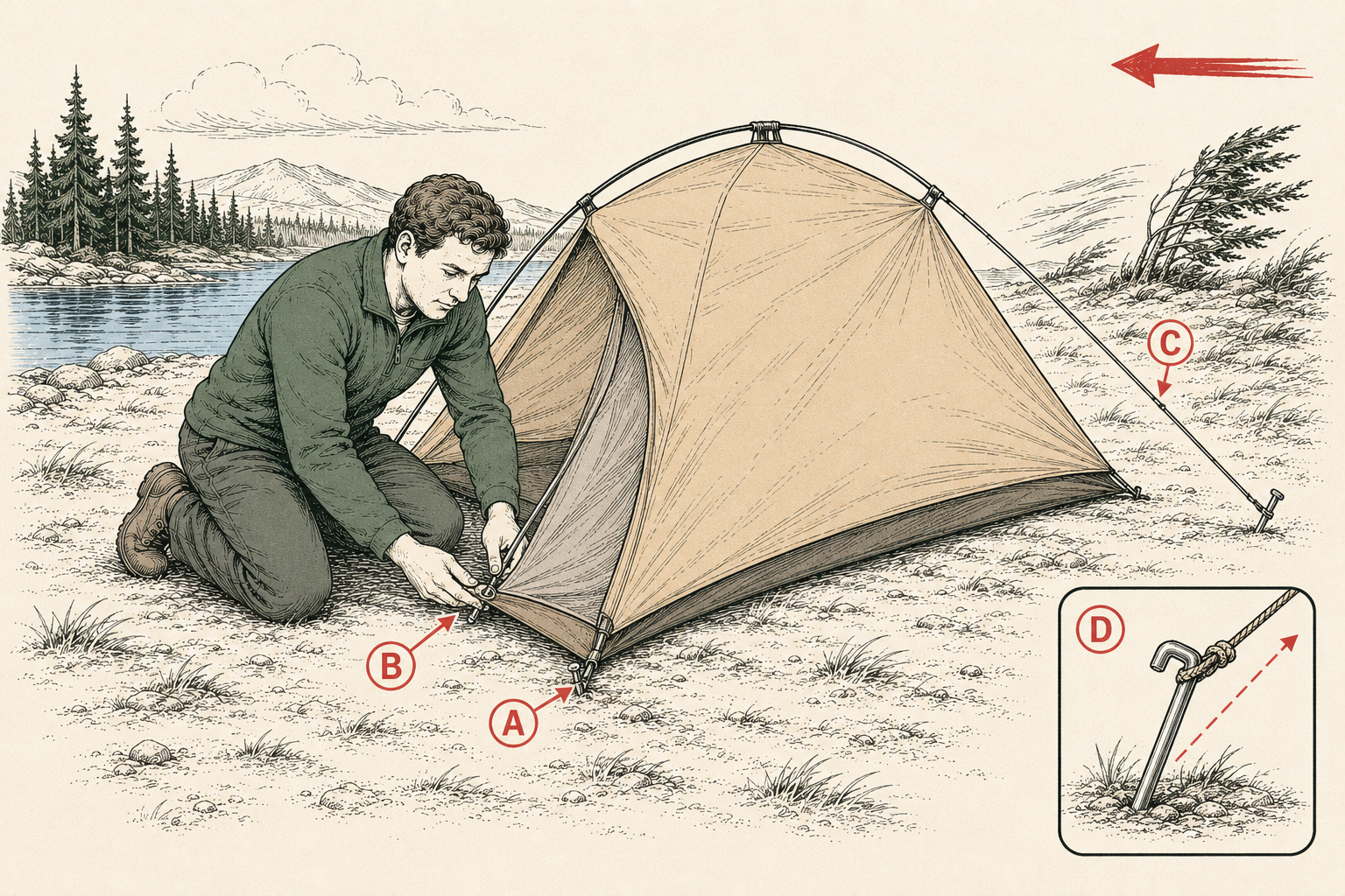 Pitching a tent in wind: windward corners staked first, tent leaning on its anchors, camper working low with the fly's windward edge staked.