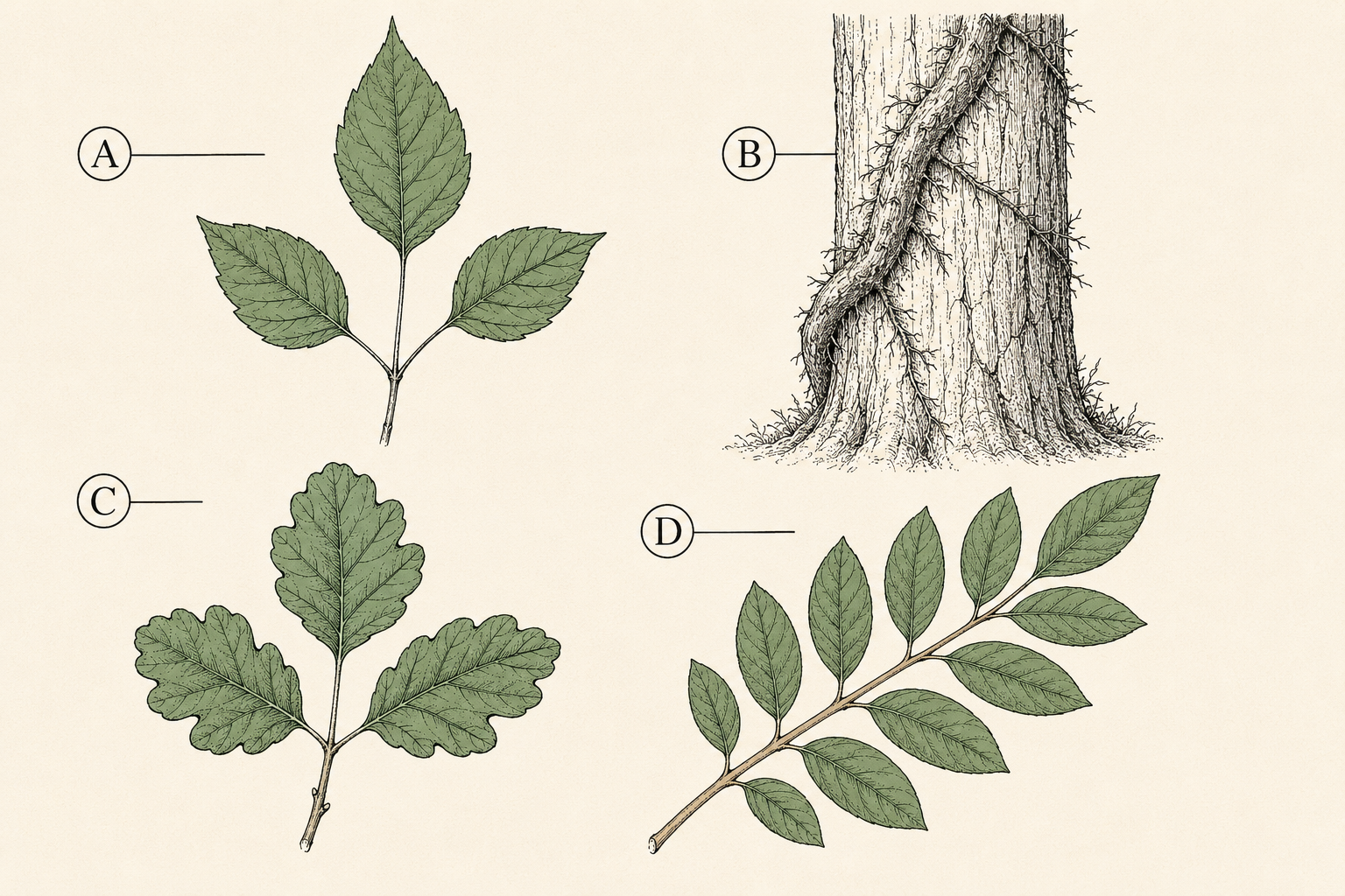 Identification plate for poison ivy (three leaflets, longer middle stalk), poison oak (three lobed leaflets), and poison sumac (rows of smooth leaflets on red stems).