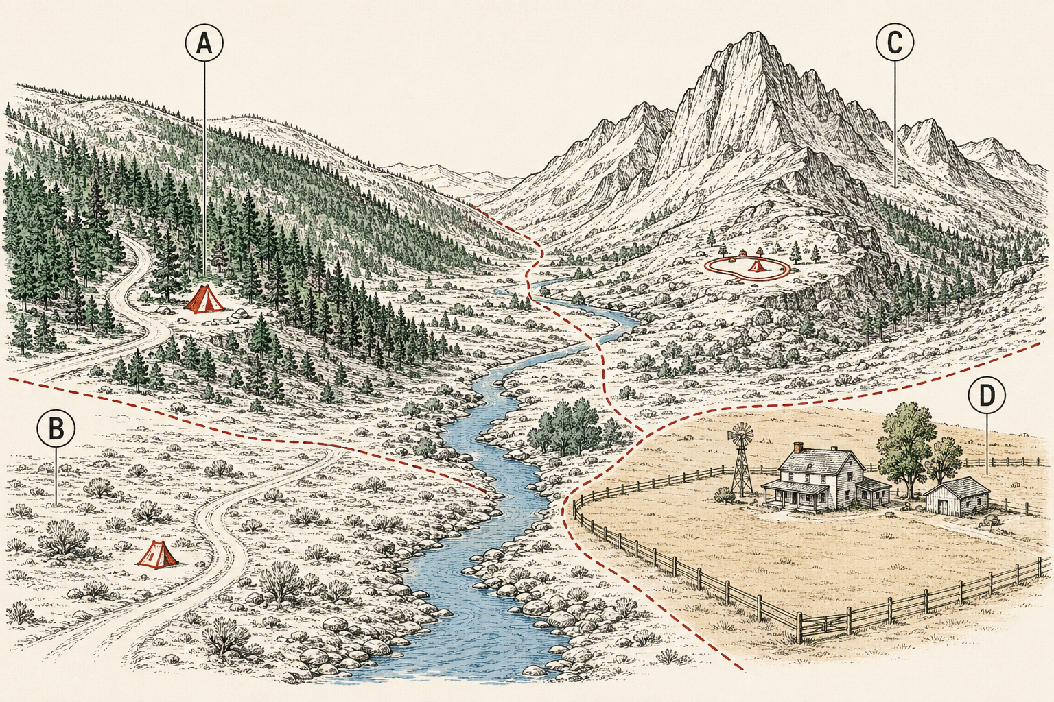 Diagram of the public land patchwork showing how camping rules change across national forest, BLM land, national park, and private land boundaries.