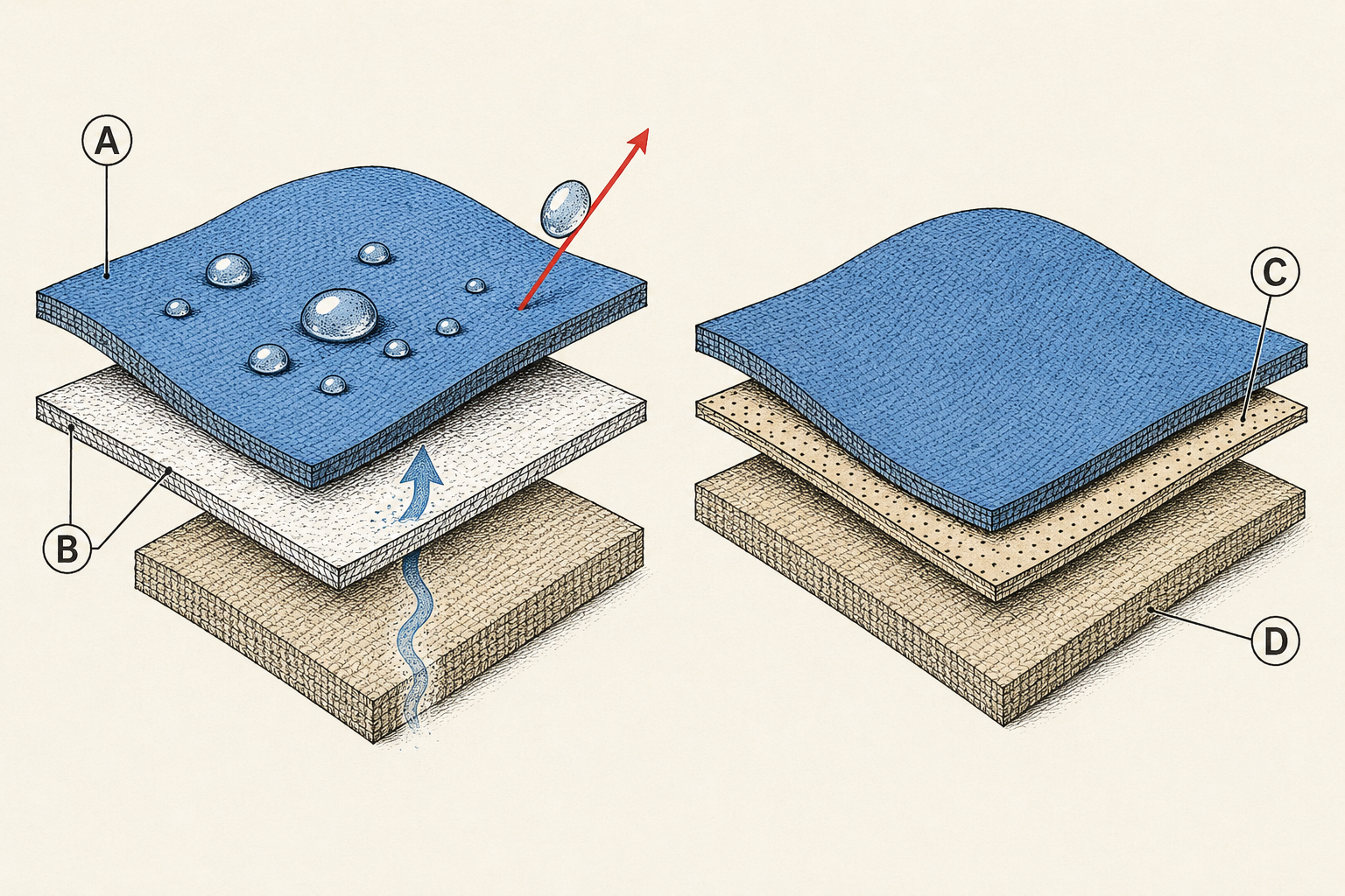 Cutaway diagram comparing 2.5-layer and 3-layer rain jacket construction: face fabric, DWR beading, membrane, and protective inner layer.