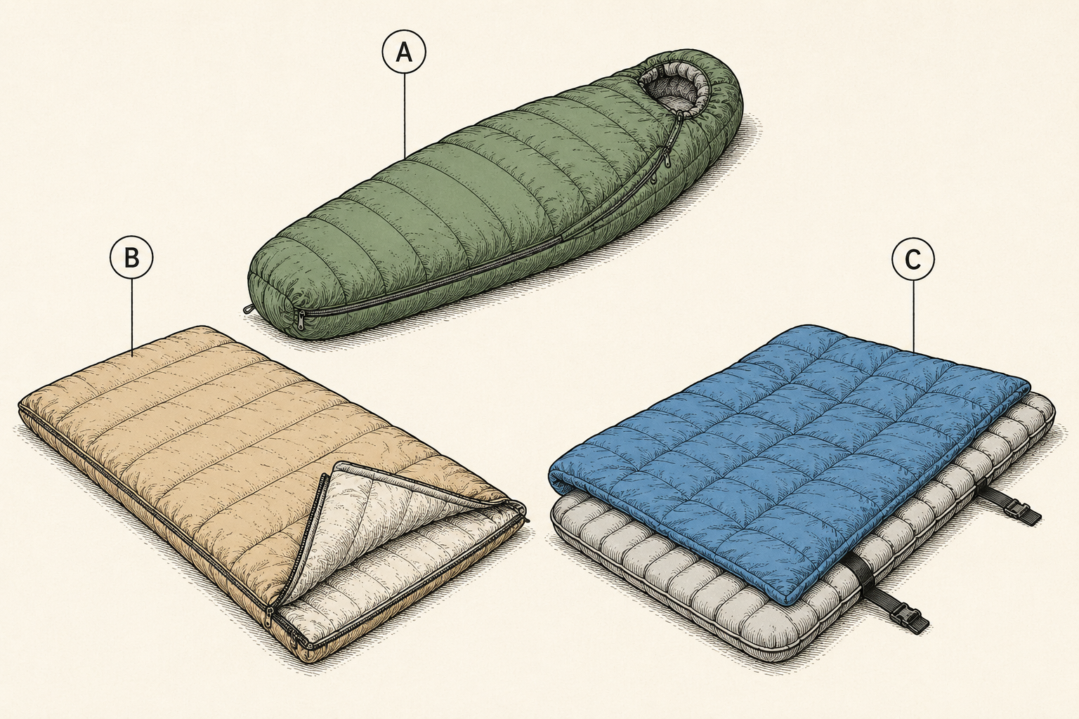 Comparison diagram of sleeping bag shapes: mummy bag, rectangular bag, and camping quilt over a pad.