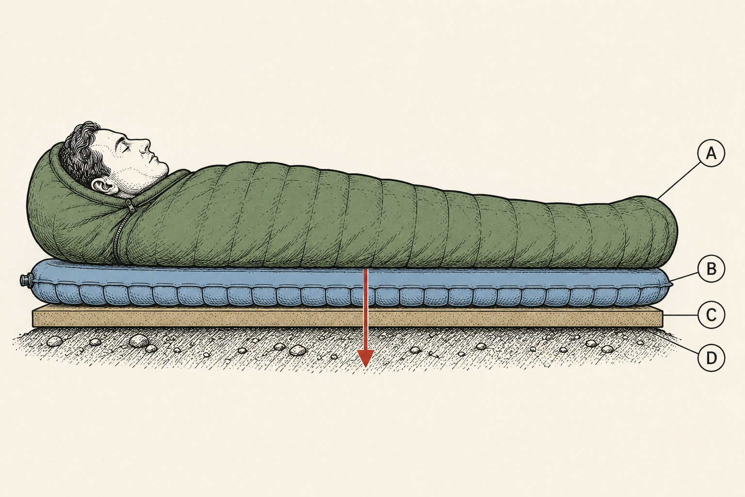 Cutaway diagram showing how a sleeping pad blocks conductive heat loss to the ground, and how stacking a foam pad under an inflatable adds R-values.
