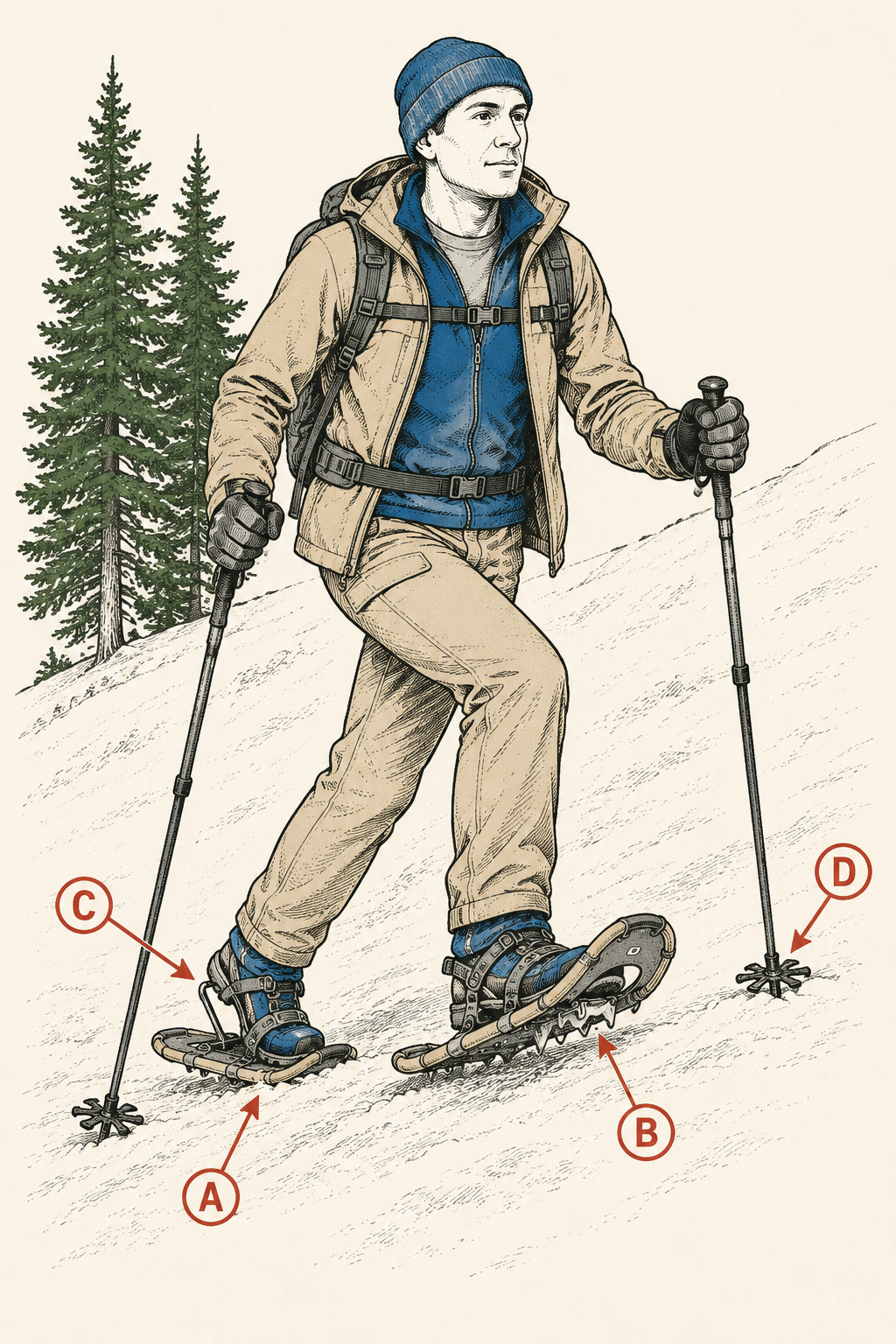 Snowshoe uphill technique: wide stance, toe crampons kicked into the slope, heel lifts flipped up, poles planted with snow baskets.