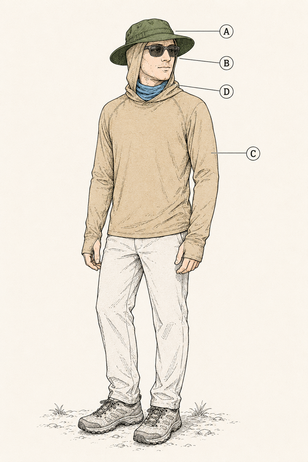 Full sun-protection setup on a hiker: brimmed hat, sunglasses, UPF sun hoodie with hood up, neck gaiter, and sunscreen on hands.