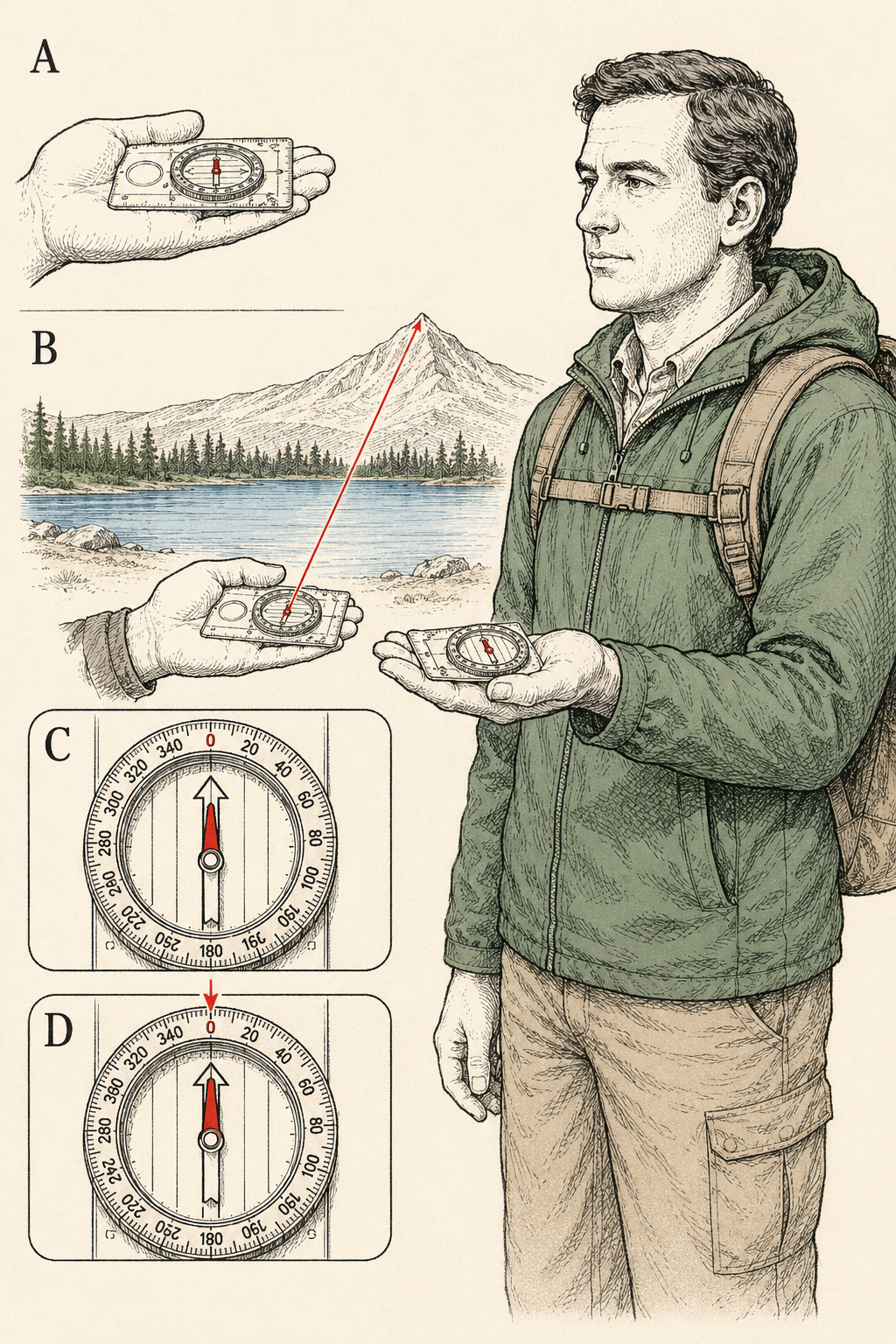 Taking a field bearing with a baseplate compass: compass flat at mid-chest, direction-of-travel arrow aimed at a distant peak, red needle parked in the orienting arrow.