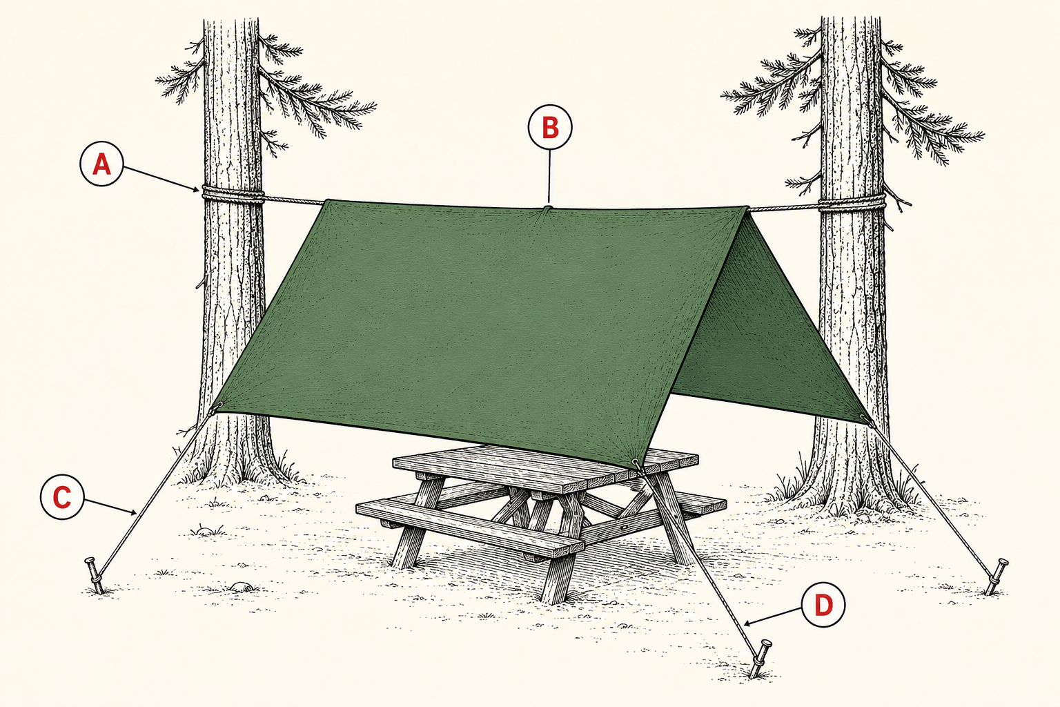 Tarp shelter setup diagram showing the A-frame ridgeline rig between two trees with corners staked at 45 degrees.