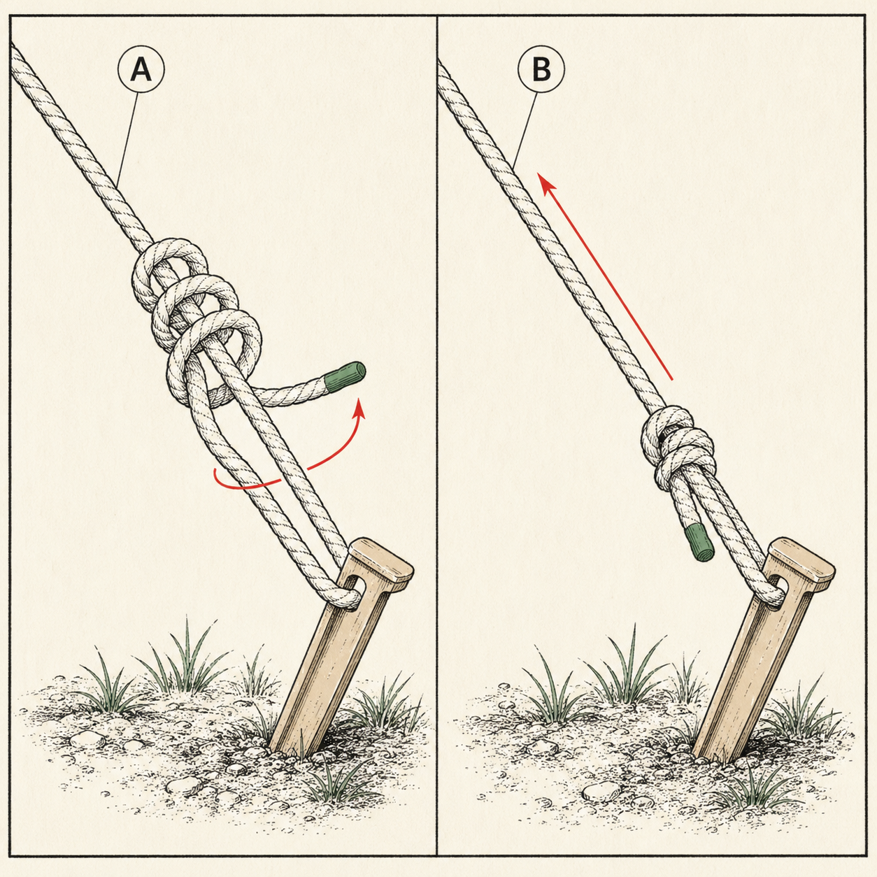 Taut-line hitch in two panels: two wraps inside the loop plus one outside, then the finished hitch sliding to tension a staked guyline.