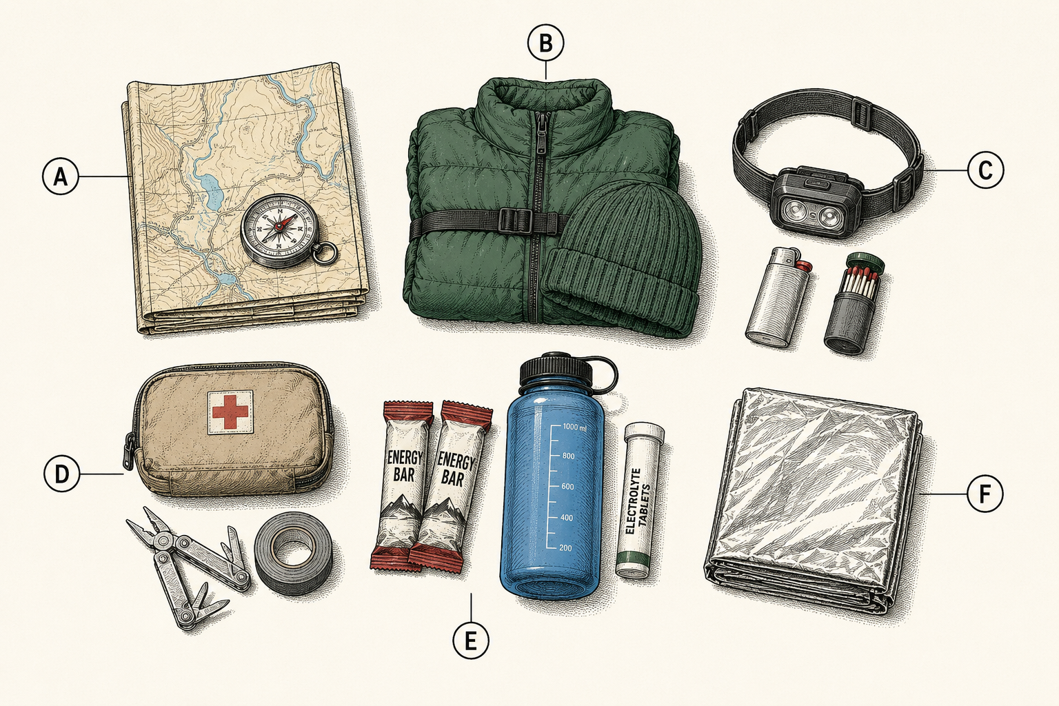 Flat-lay diagram of the Ten Essentials daypack contents grouped into six lettered clusters: navigation, warmth, light and fire, first aid and repair, food and water, and emergency shelter.